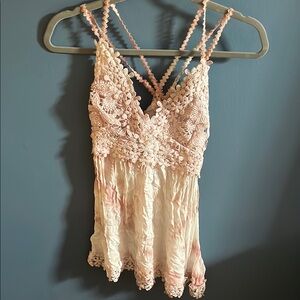 Lace Trimmed Pink and Cream Top